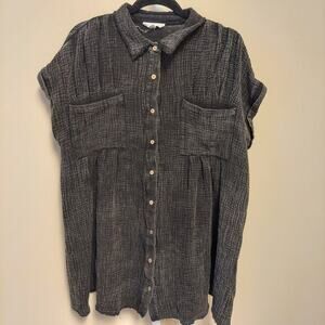 Sewn & Seen L Black Gauzy Button Up Top‎ Grunge Lagenlook